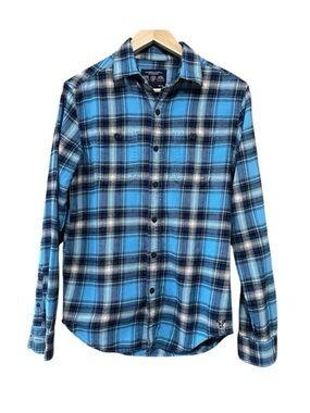 Vintage 90’s American Eagle 100% Cotton Grunge Plaid Button Up Shirt Blue Black